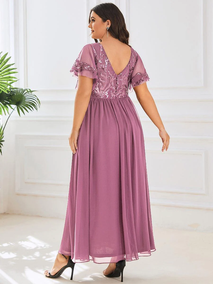 pretty HAZEL|Plus Size V-Neck Short Sleeve Sequin Bodice Mother of the Bride Dress - Image 19