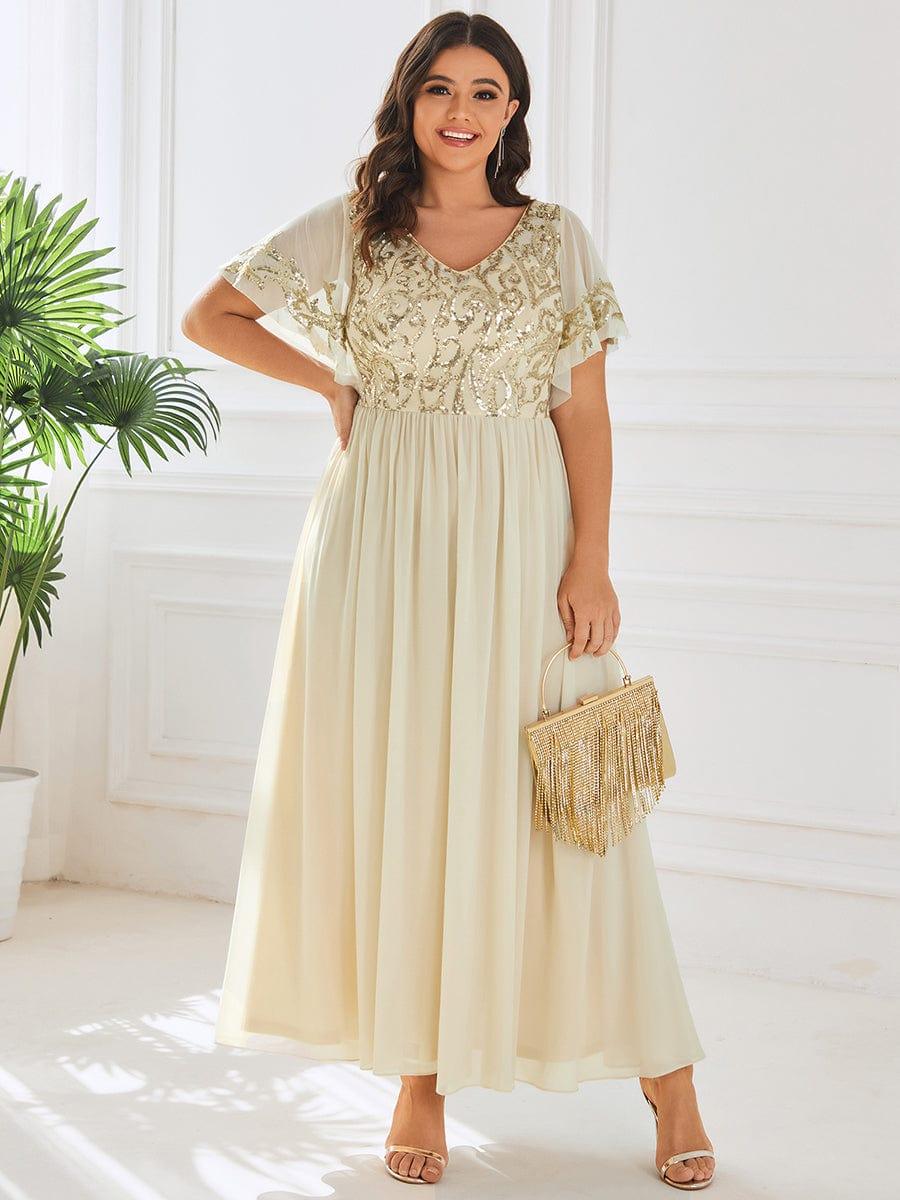 pretty HAZEL|Plus Size V-Neck Short Sleeve Sequin Bodice Mother of the Bride Dress - Image 3