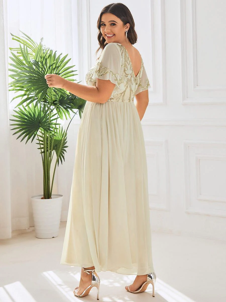 pretty HAZEL|Plus Size V-Neck Short Sleeve Sequin Bodice Mother of the Bride Dress - Image 4