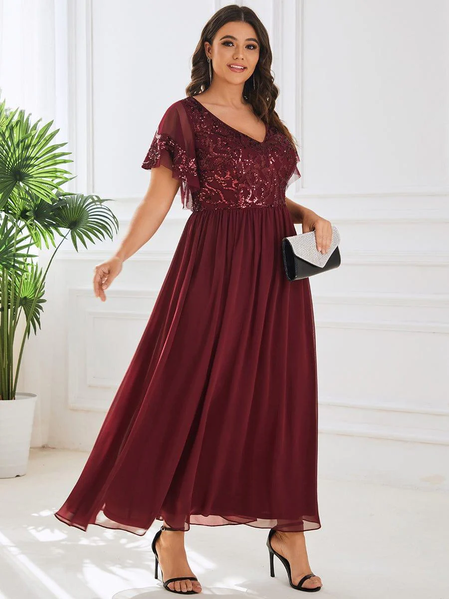 pretty HAZEL|Plus Size V-Neck Short Sleeve Sequin Bodice Mother of the Bride Dress - Image 8