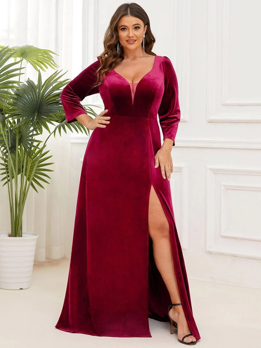 Plus Size Velvet Plunging V-Neck 3/4 Sleeve A-Line Evening Dress with Slit(Final Sale) - Image 14