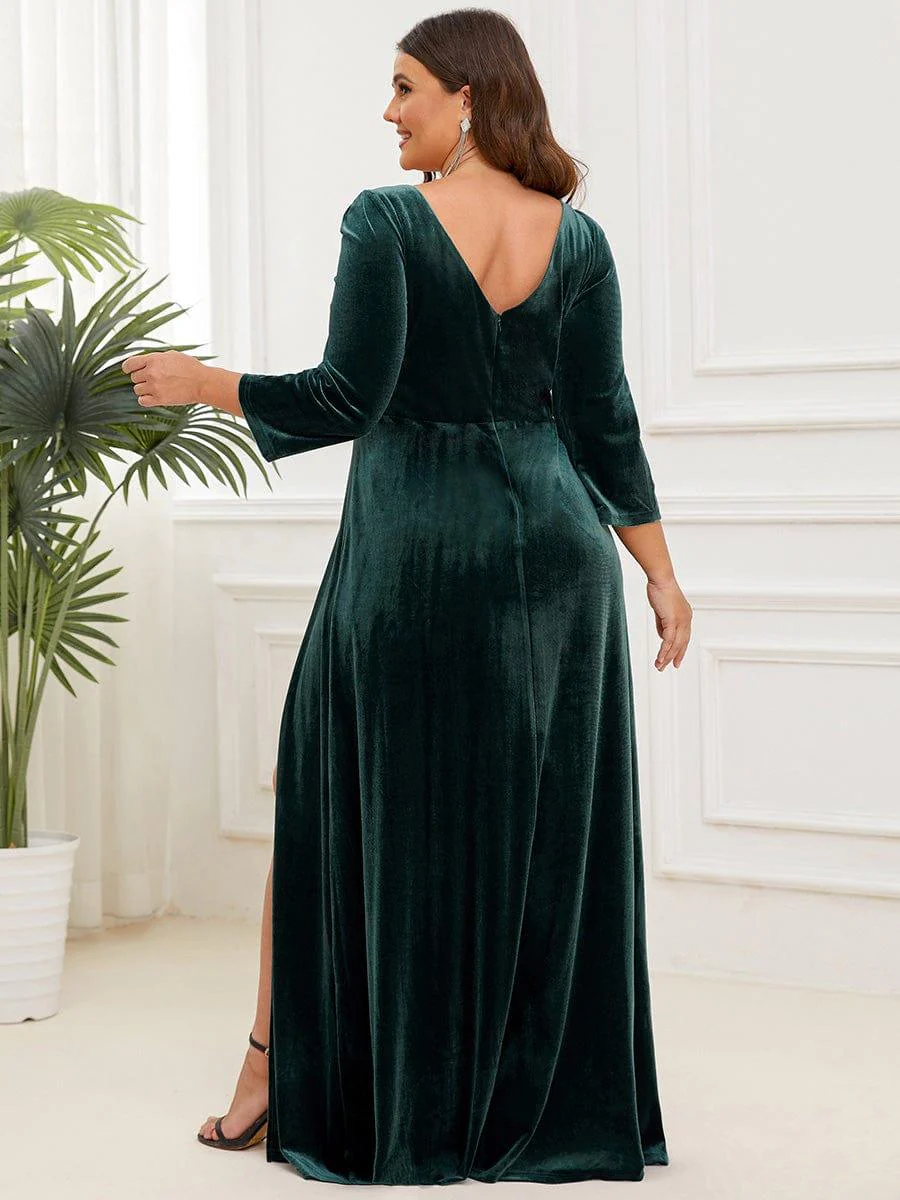 Plus Size Velvet Plunging V-Neck 3/4 Sleeve A-Line Evening Dress with Slit(Final Sale) - Image 4