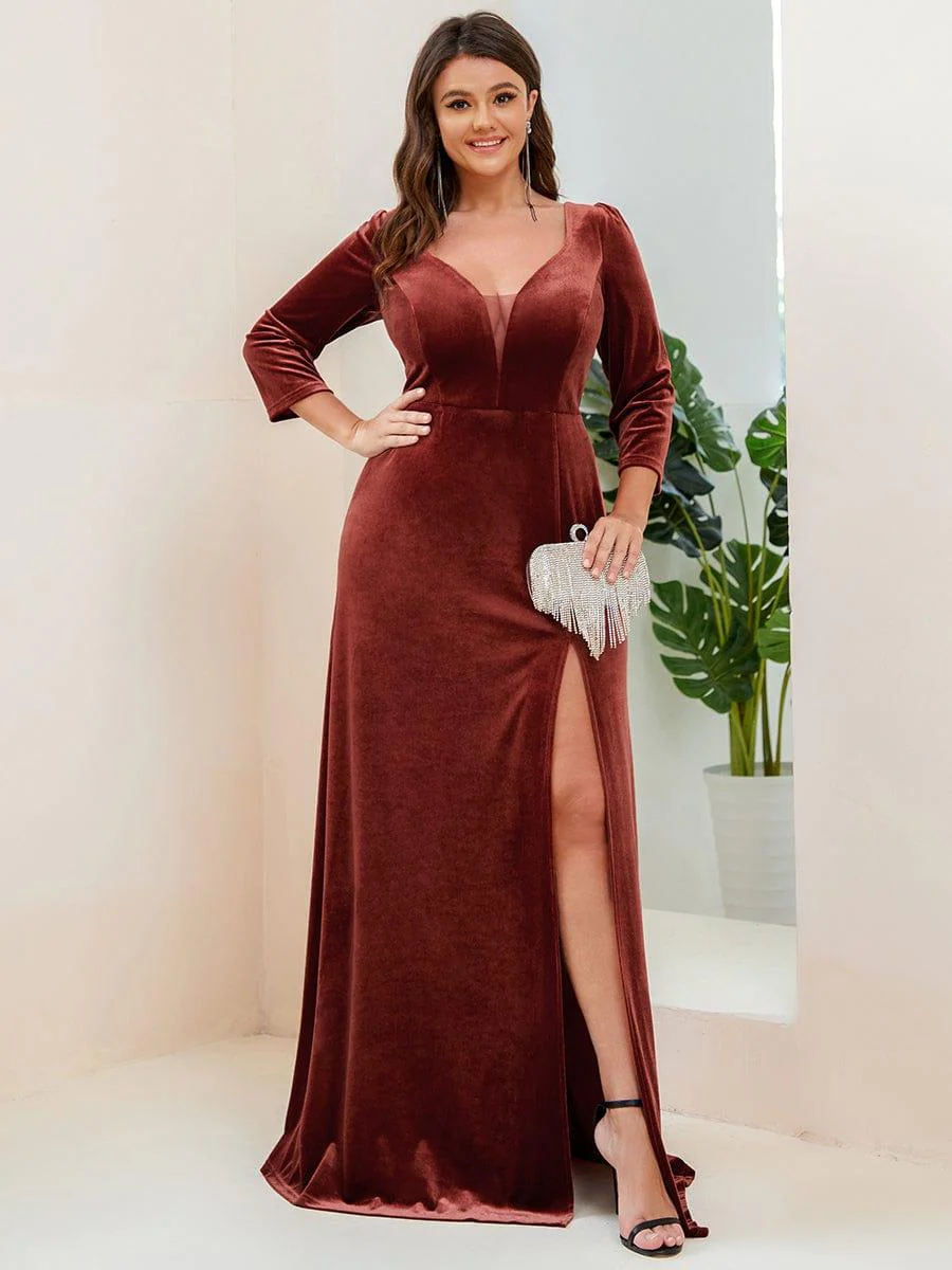 Plus Size Velvet Plunging V-Neck 3/4 Sleeve A-Line Evening Dress with Slit(Final Sale) - Image 8