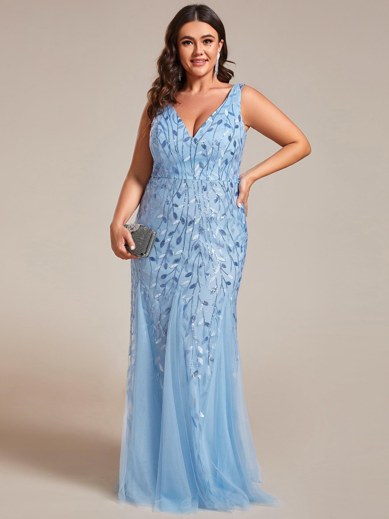 pretty ORIEL|Plus Size Women's V-Neck Fishtail Sequin Evening Dress - Image 52