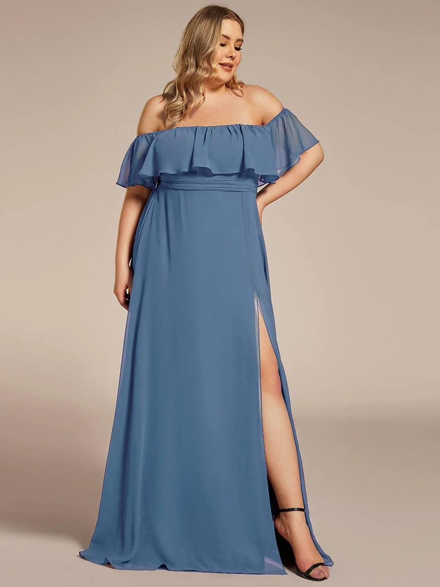 pretty ÉMILE|Plus Size Off-The-Shoulder Ruffle Thigh Split Bridesmaid Dress - Image 108