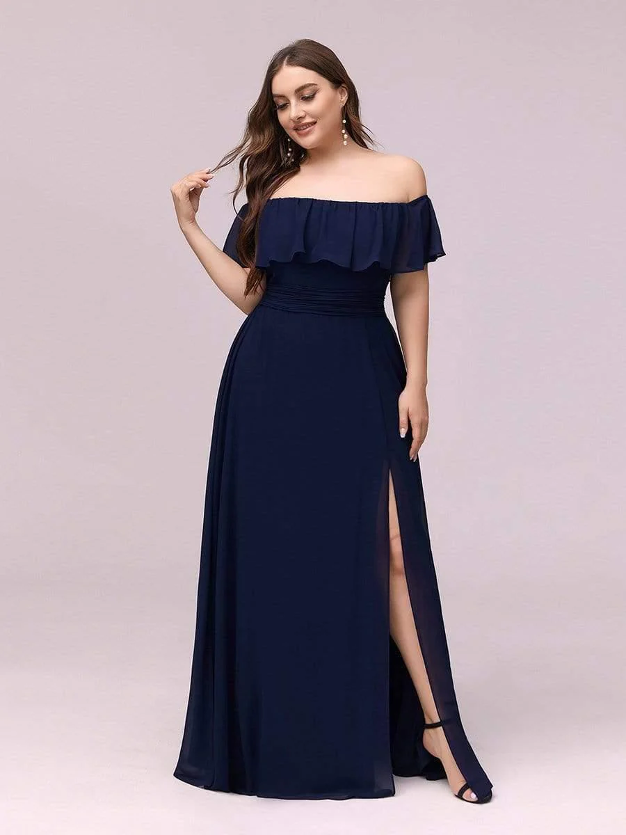 pretty ÉMILE|Plus Size Off-The-Shoulder Ruffle Thigh Split Bridesmaid Dress - Image 30