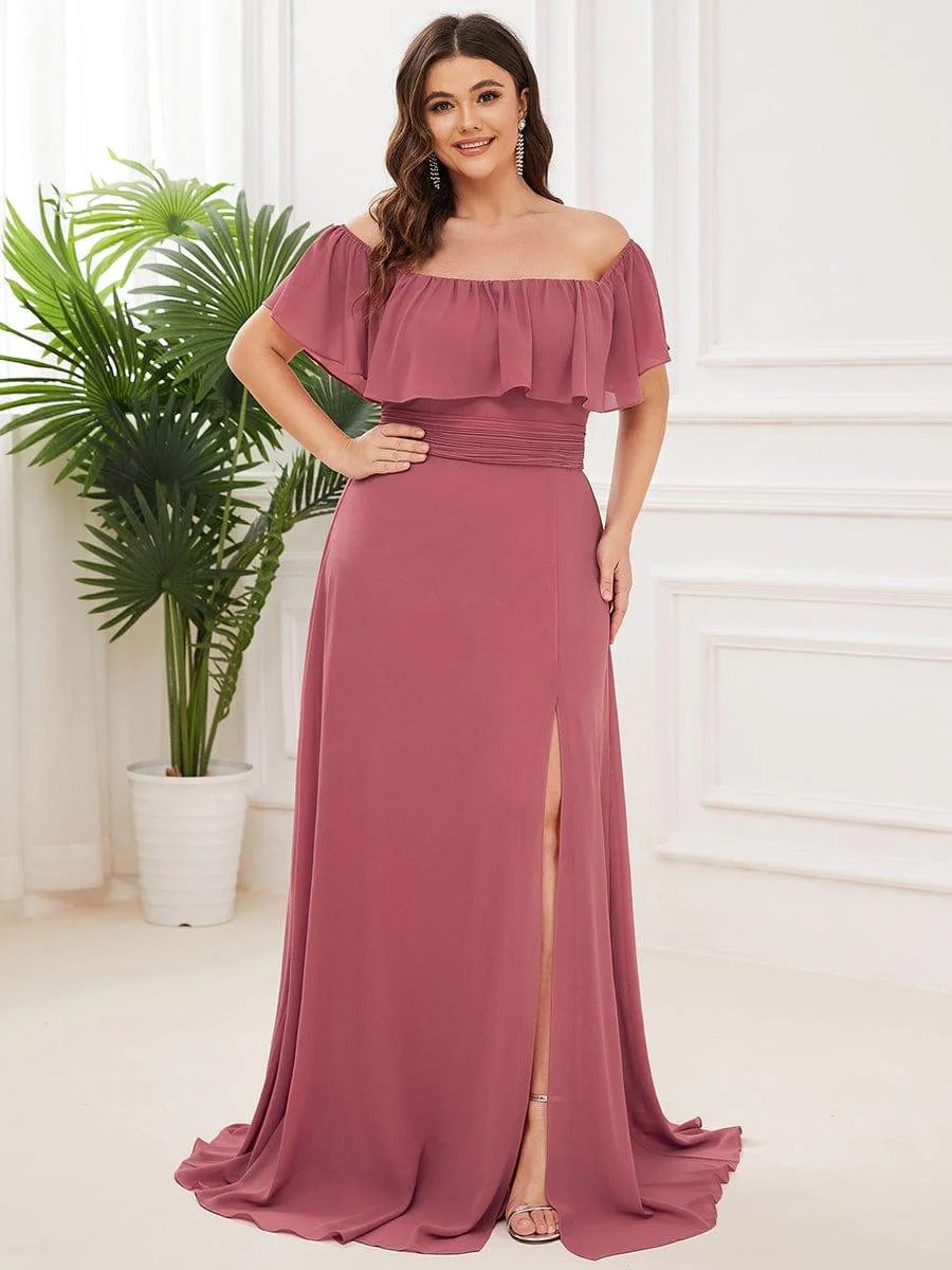 pretty ÉMILE|Plus Size Off-The-Shoulder Ruffle Thigh Split Bridesmaid Dress - Image 85