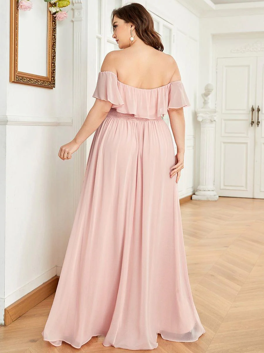 pretty ÉMILE|Plus Size Off-The-Shoulder Ruffle Thigh Split Bridesmaid Dress - Image 9