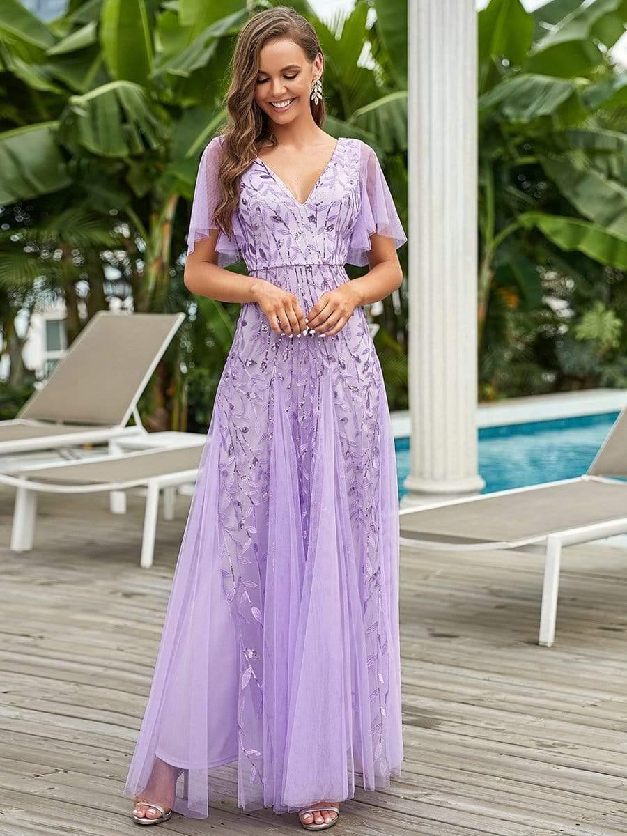 ever ASTRAL|Stunning V Neck Long Wedding Guest Dress with Ruffle Sleeves - Image 96