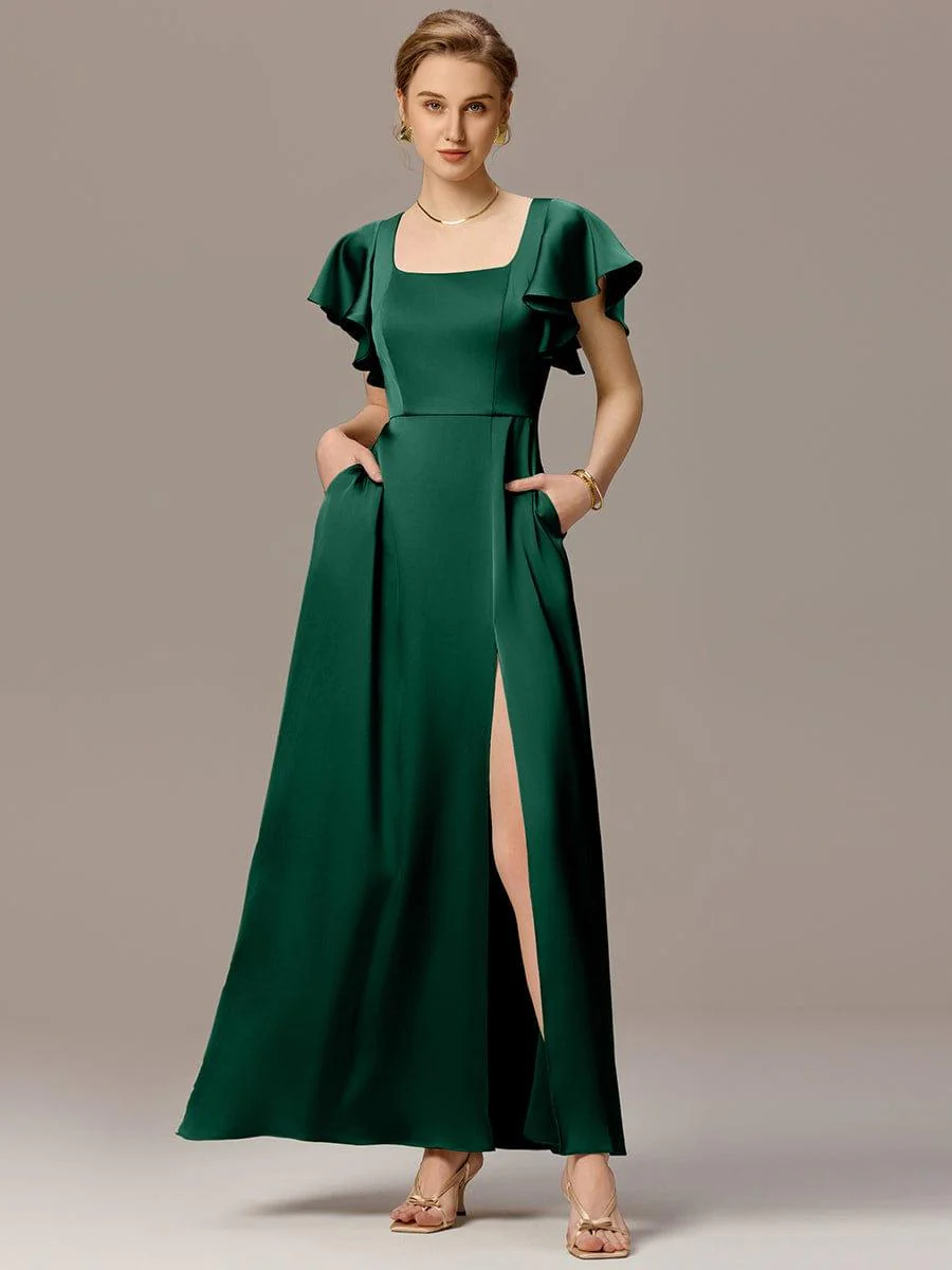 ever BELISSE|Designer Satin Square Neck Short Sleeve Ruffled Maxi Bridesmaid Dress With Pockets - Image 11