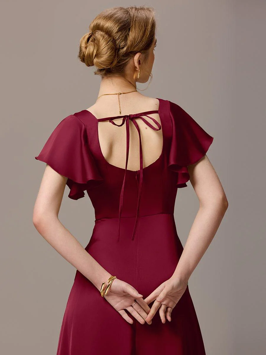 ever BELISSE|Designer Satin Square Neck Short Sleeve Ruffled Maxi Bridesmaid Dress With Pockets - Image 18