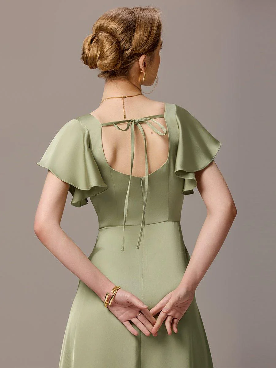 ever BELISSE|Designer Satin Square Neck Short Sleeve Ruffled Maxi Bridesmaid Dress With Pockets - Image 3
