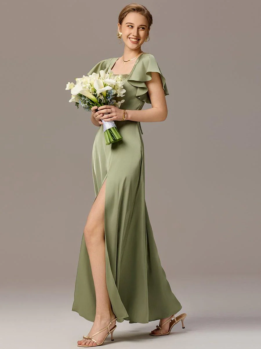 ever BELISSE|Designer Satin Square Neck Short Sleeve Ruffled Maxi Bridesmaid Dress With Pockets - Image 4