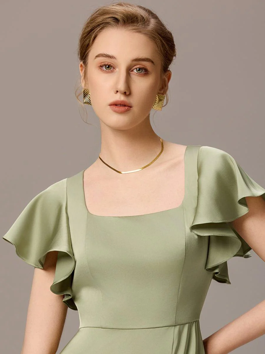 ever BELISSE|Designer Satin Square Neck Short Sleeve Ruffled Maxi Bridesmaid Dress With Pockets - Image 5
