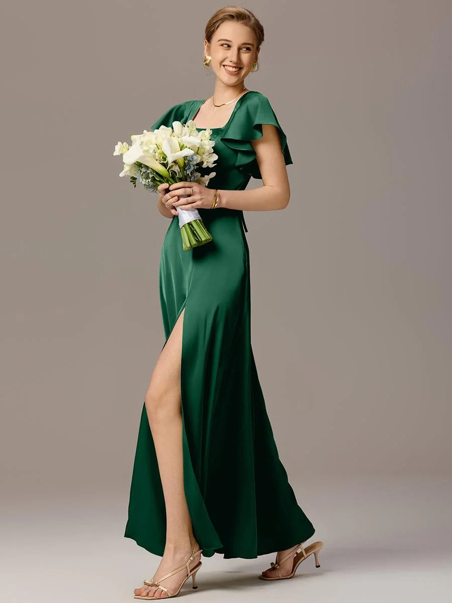 ever BELISSE|Designer Satin Square Neck Short Sleeve Ruffled Maxi Bridesmaid Dress With Pockets - Image 7