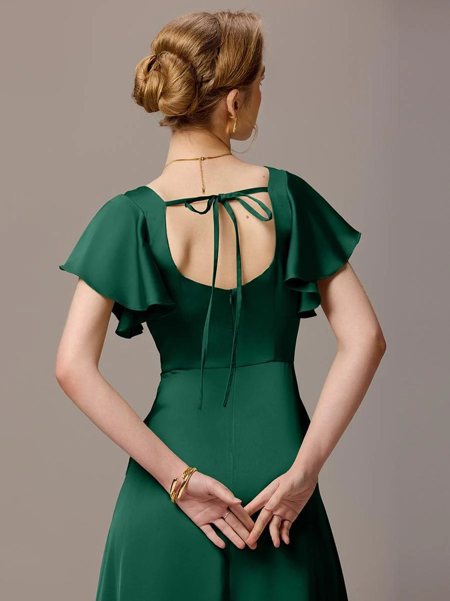ever BELISSE|Designer Satin Square Neck Short Sleeve Ruffled Maxi Bridesmaid Dress With Pockets - Image 8