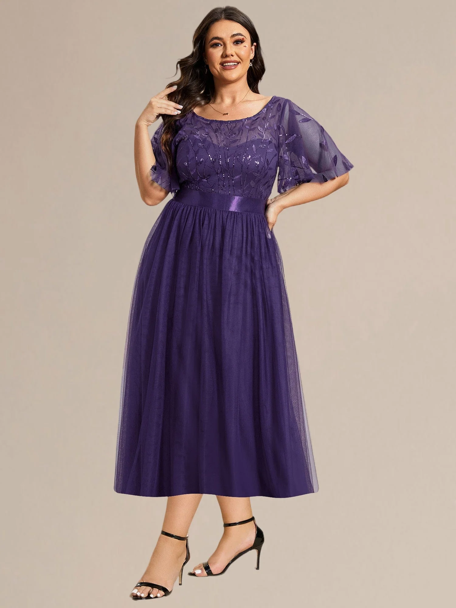 ever TAYLOR|Designer Sequin Leaf Midi Wedding Guest Dress - Image 28