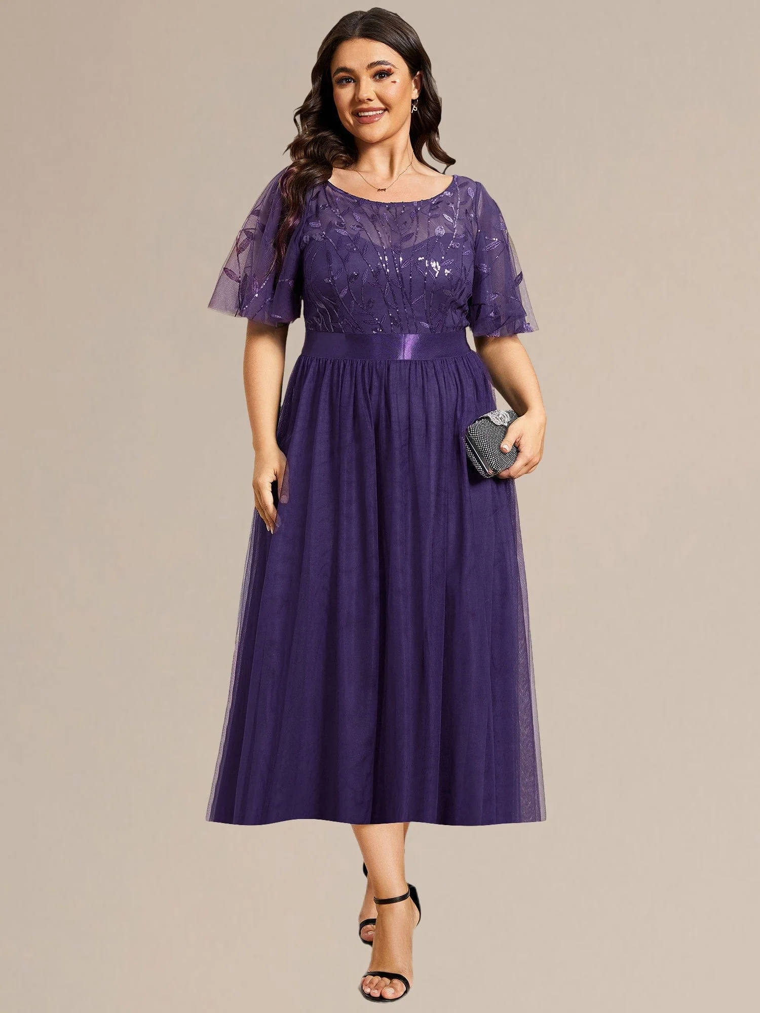 ever TAYLOR|Designer Sequin Leaf Midi Wedding Guest Dress - Image 7