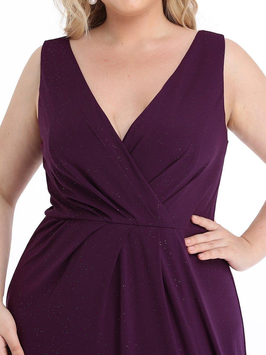 Shiny V Neck Floor Length Plus Size Evening Dresses with Side Split - Image 25