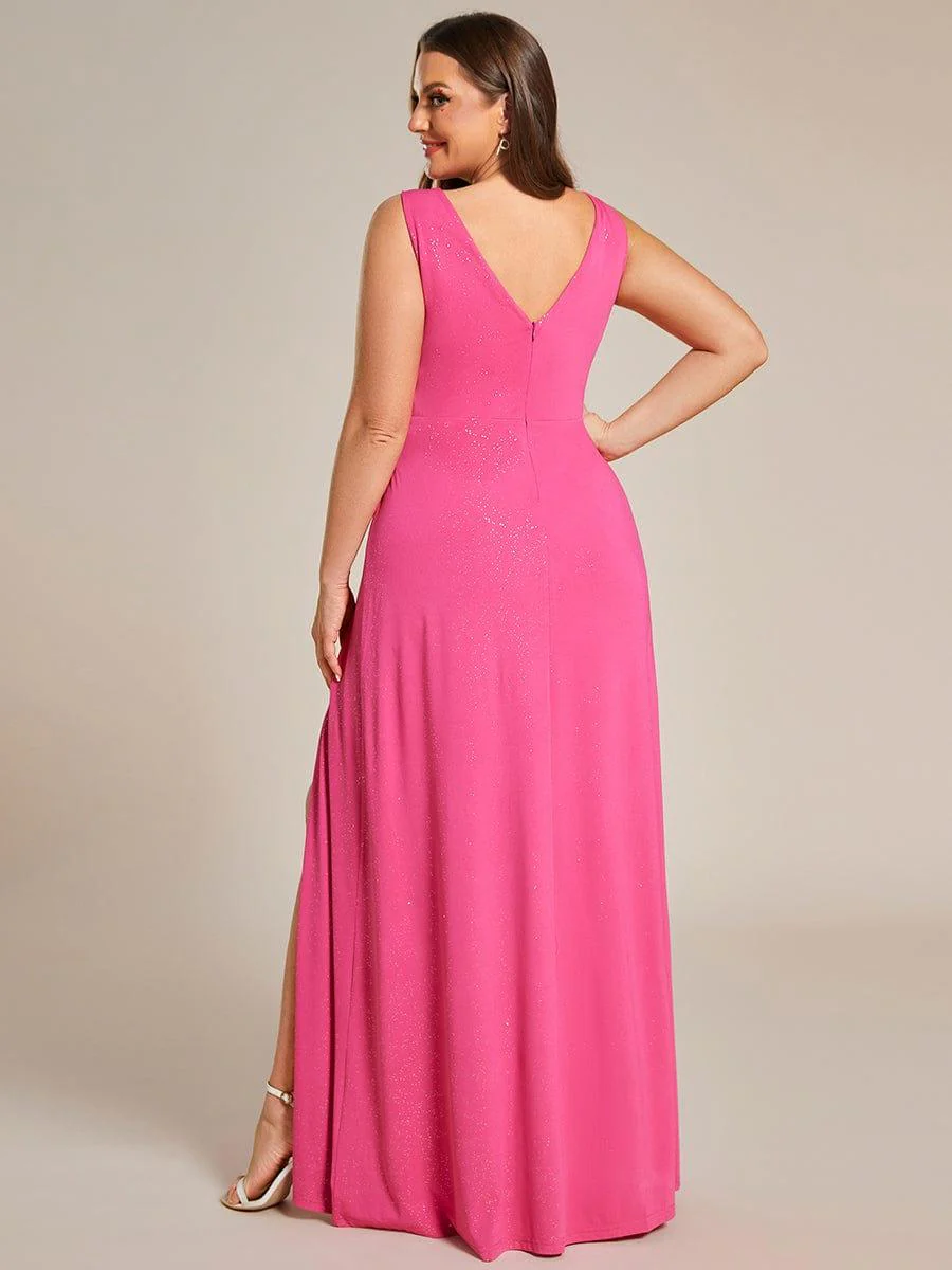 Shiny V Neck Floor Length Plus Size Evening Dresses with Side Split - Image 27