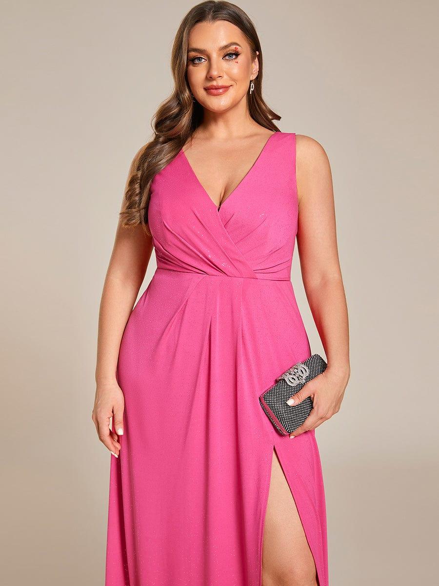Shiny V Neck Floor Length Plus Size Evening Dresses with Side Split - Image 28
