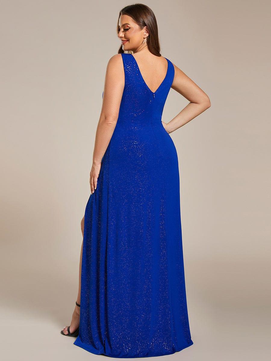 Shiny V Neck Floor Length Plus Size Evening Dresses with Side Split - Image 32