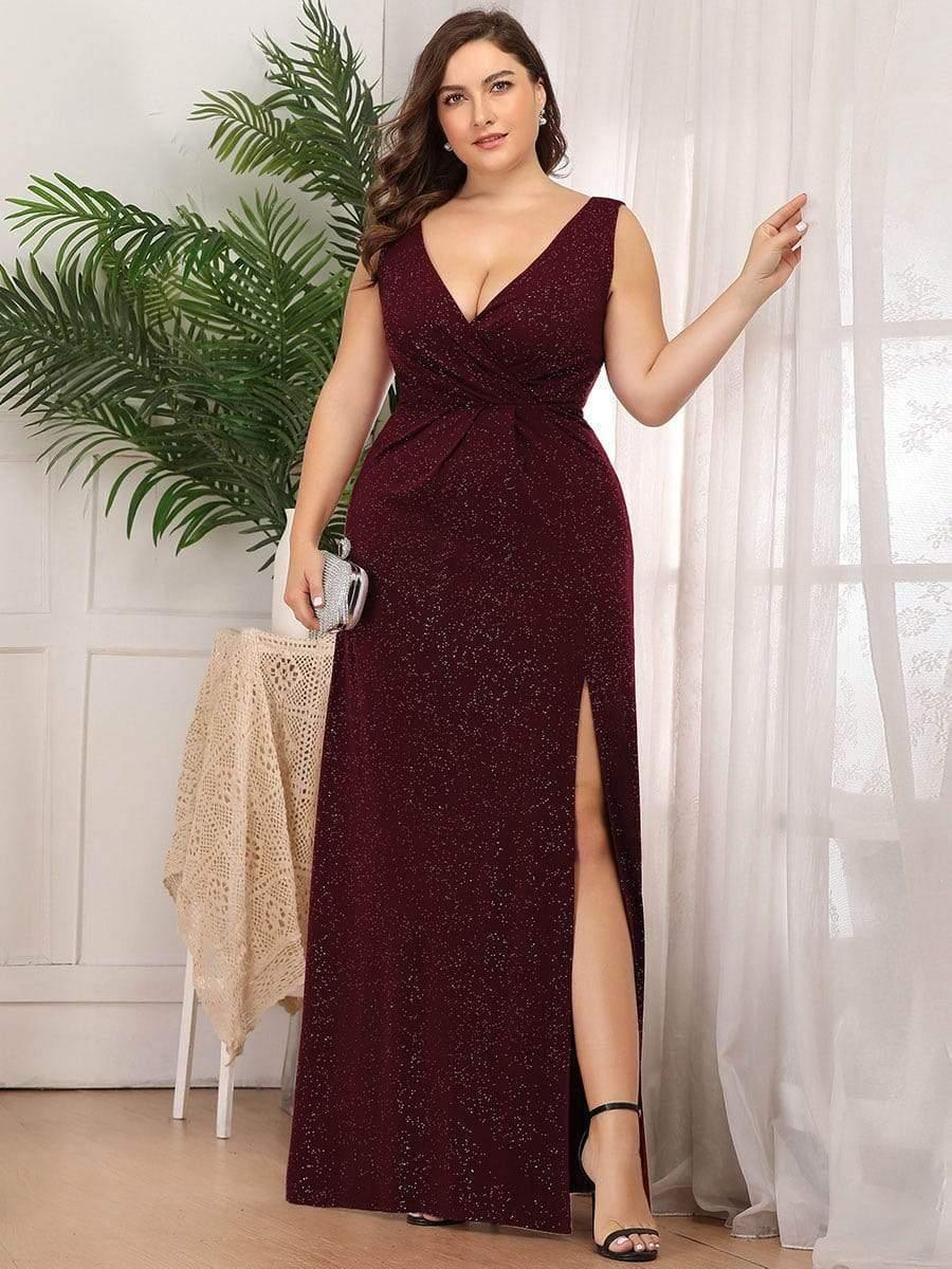 Shiny V Neck Floor Length Plus Size Evening Dresses with Side Split - Image 9