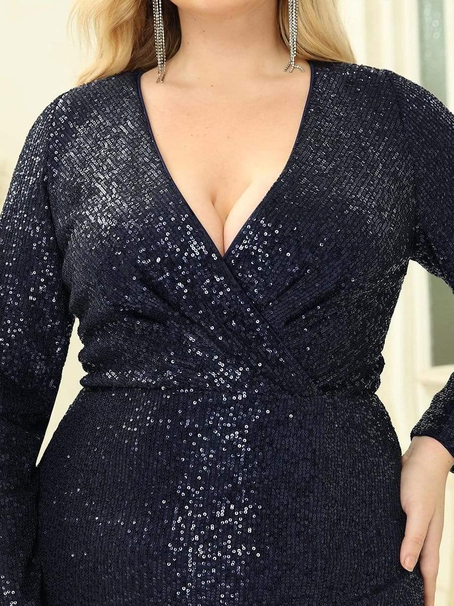 ever NYX|Shiny V Neck Sequin Evening Party Dress with Long Sleeve - Image 31