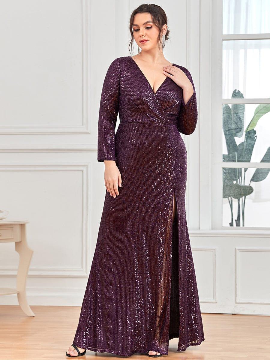 ever NYX|Shiny V Neck Sequin Evening Party Dress with Long Sleeve - Image 67