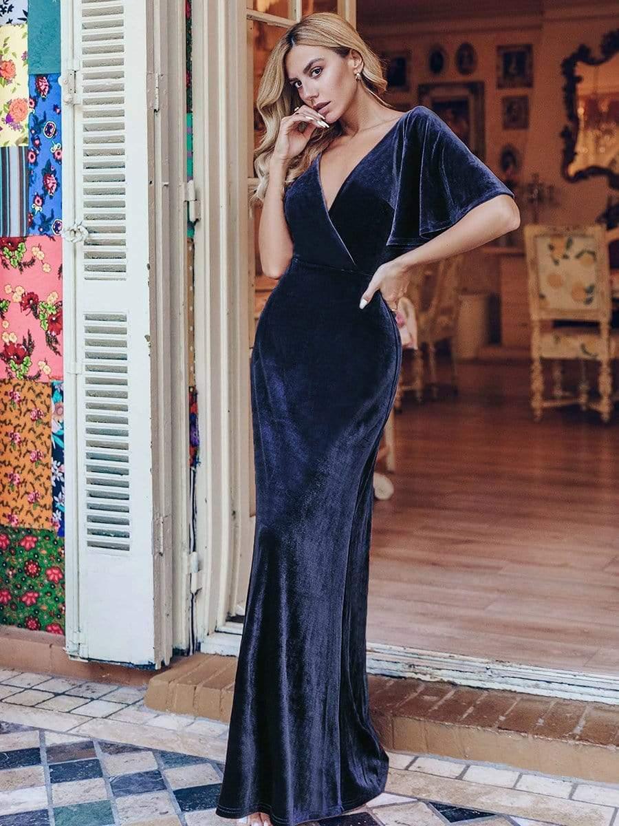 ever REINE|Trendy Double V Neck Velvet Wedding Guest Dress - Image 11