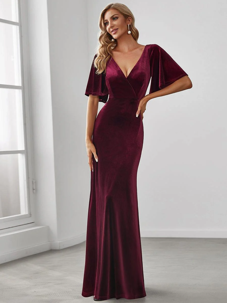 ever REINE|Trendy Double V Neck Velvet Wedding Guest Dress - Image 21