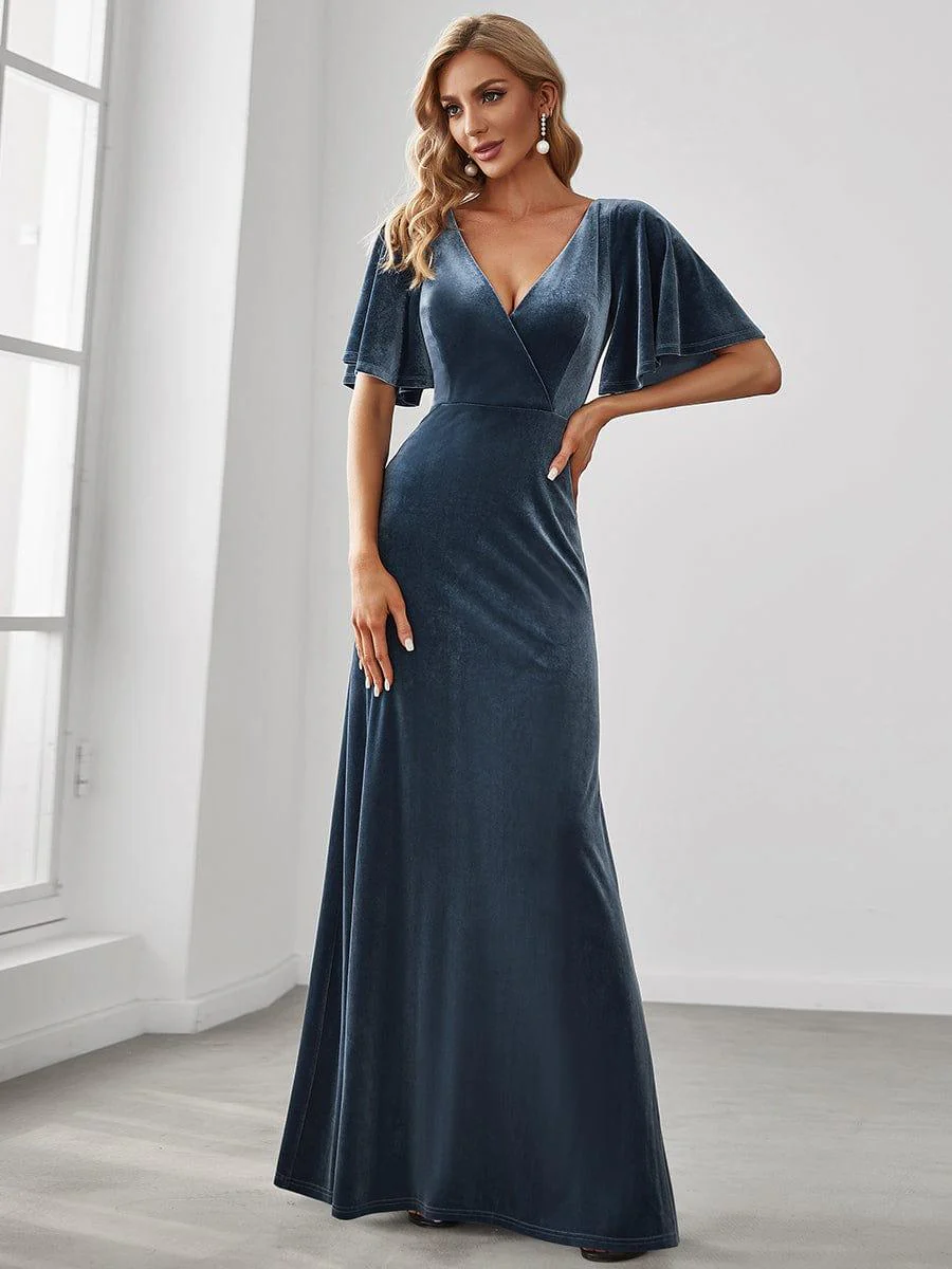ever REINE|Trendy Double V Neck Velvet Wedding Guest Dress - Image 24