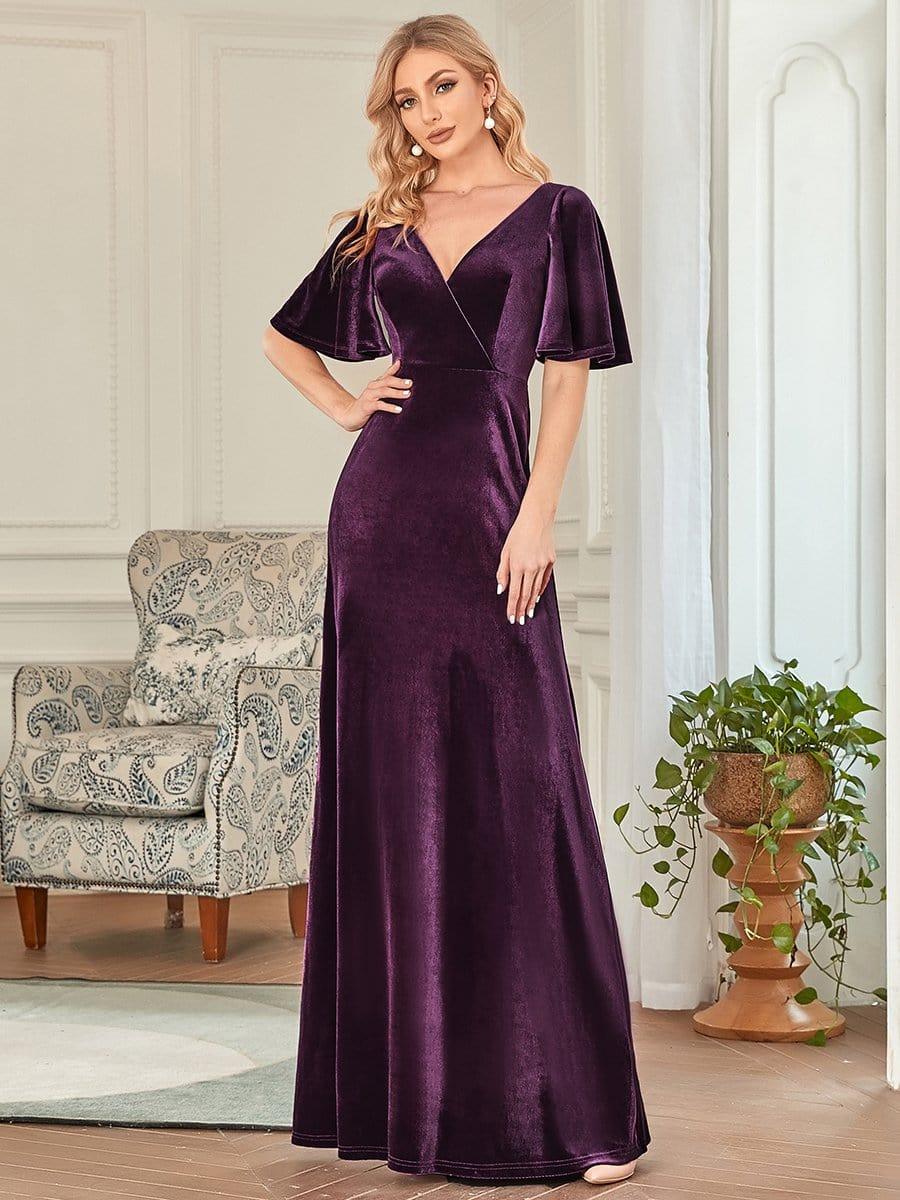 ever REINE|Trendy Double V Neck Velvet Wedding Guest Dress - Image 35