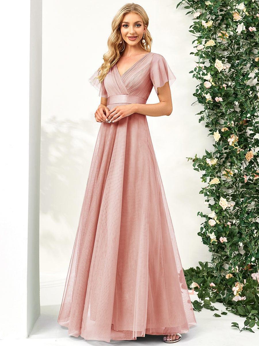 ever MISTE|Women's Double V-Neck Floor-Length Bridesmaid Dress with Short Sleeve - Image 3