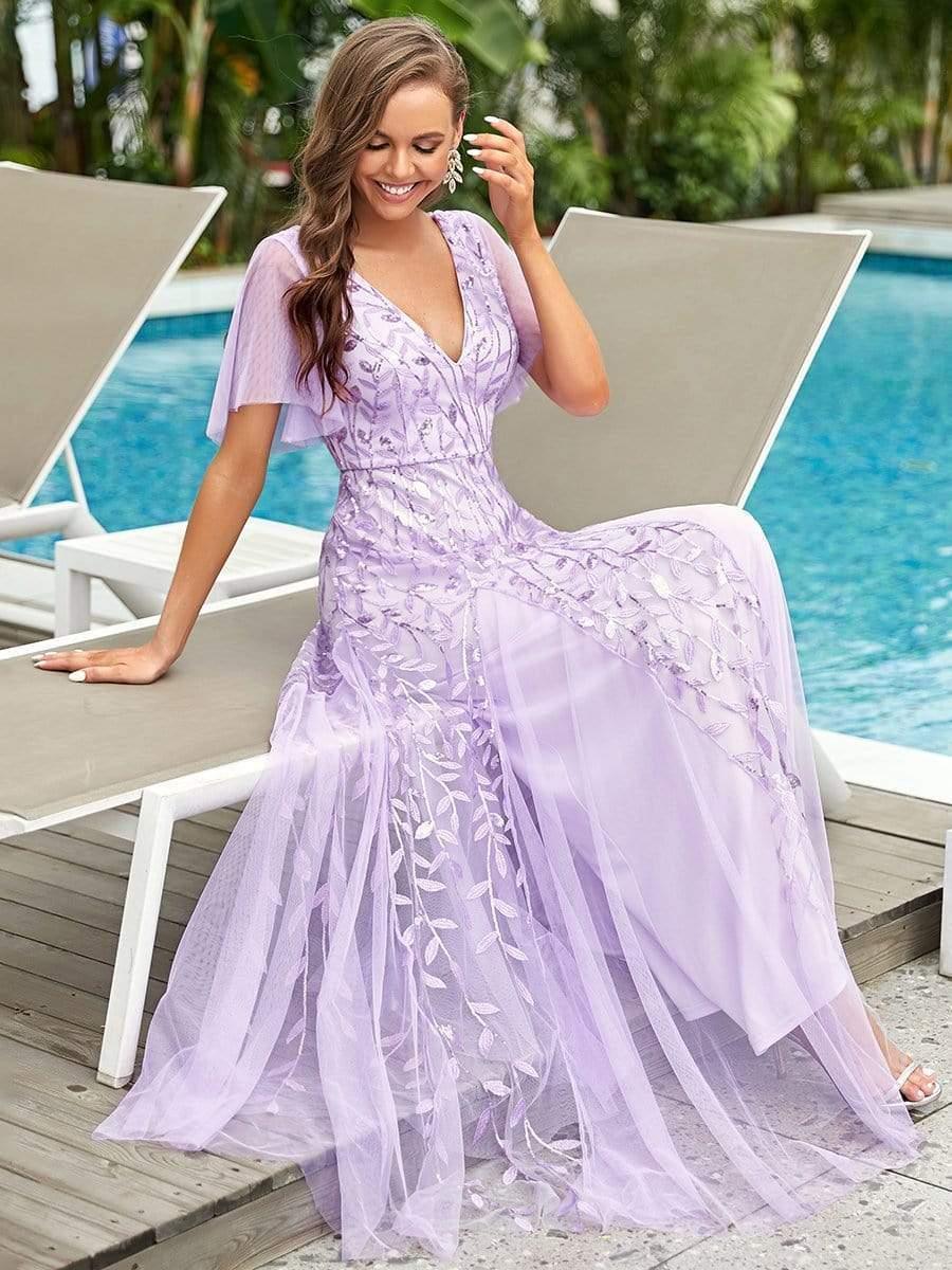 ever ASTRAL|Romantic Shimmery V Neck Ruffle Sleeves Maxi Long Evening Gowns - Image 23