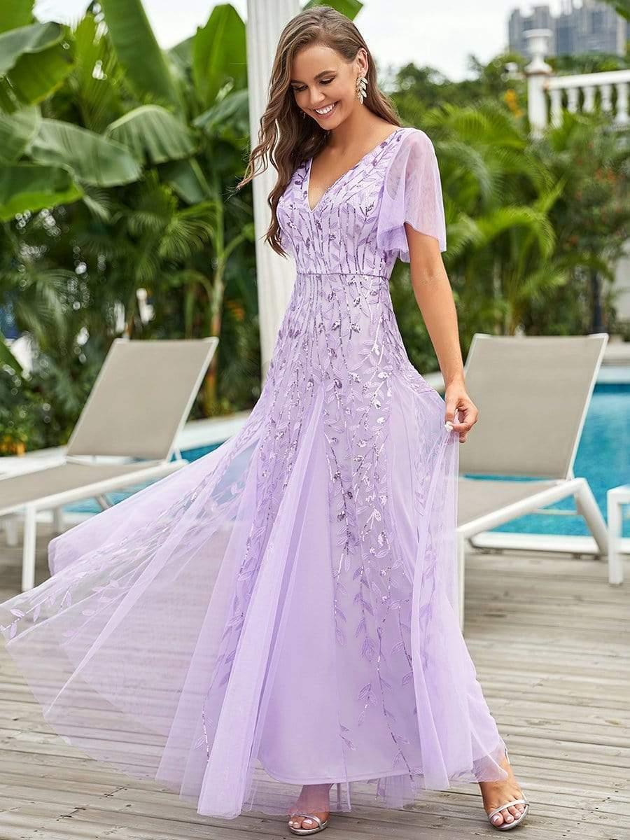 ever ASTRAL|Romantic Shimmery V Neck Ruffle Sleeves Maxi Long Evening Gowns - Image 24