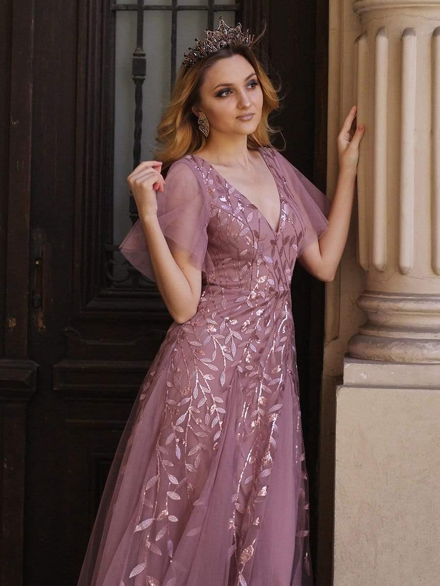 ever ASTRAL|Romantic Shimmery V Neck Ruffle Sleeves Maxi Long Evening Gowns - Image 73
