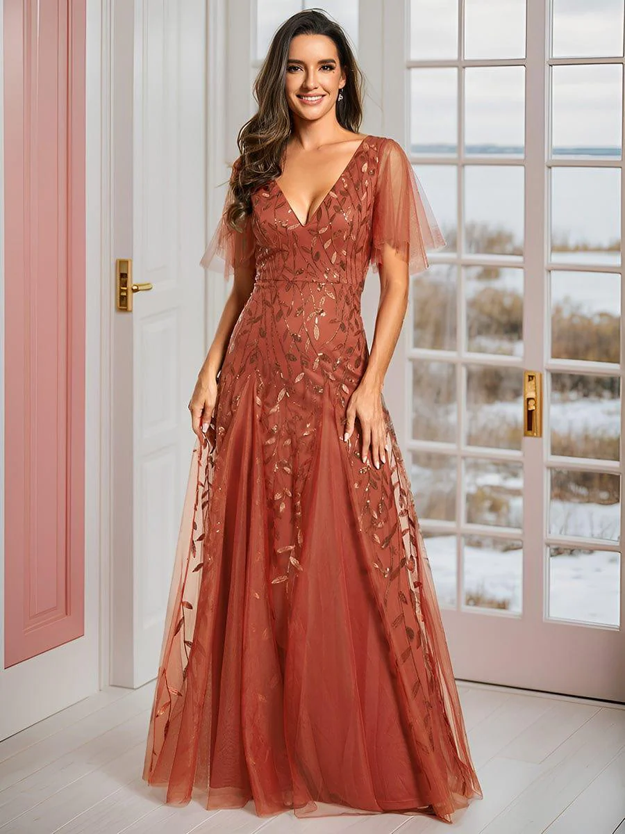 ever ASTRAL|Romantic Shimmery V Neck Ruffle Sleeves Maxi Long Evening Gowns - Image 75