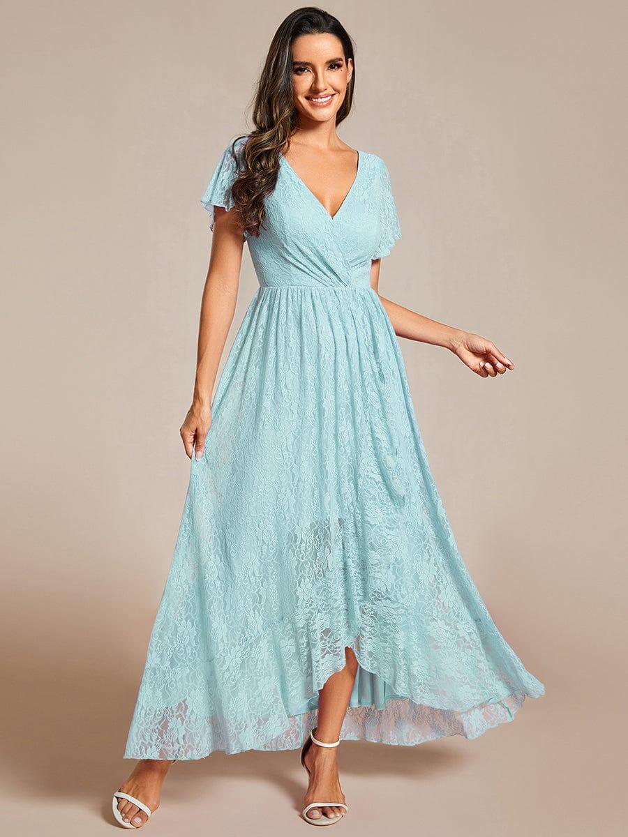 ever ELISE|V-Neck Short Sleeve Pleated Ruffled Lace Evening Dress - Image 100