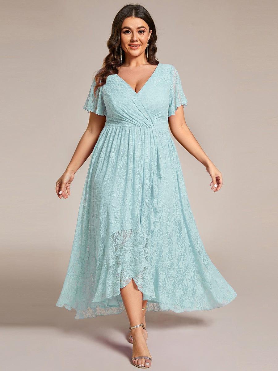 ever ELISE|V-Neck Short Sleeve Pleated Ruffled Lace Evening Dress - Image 102
