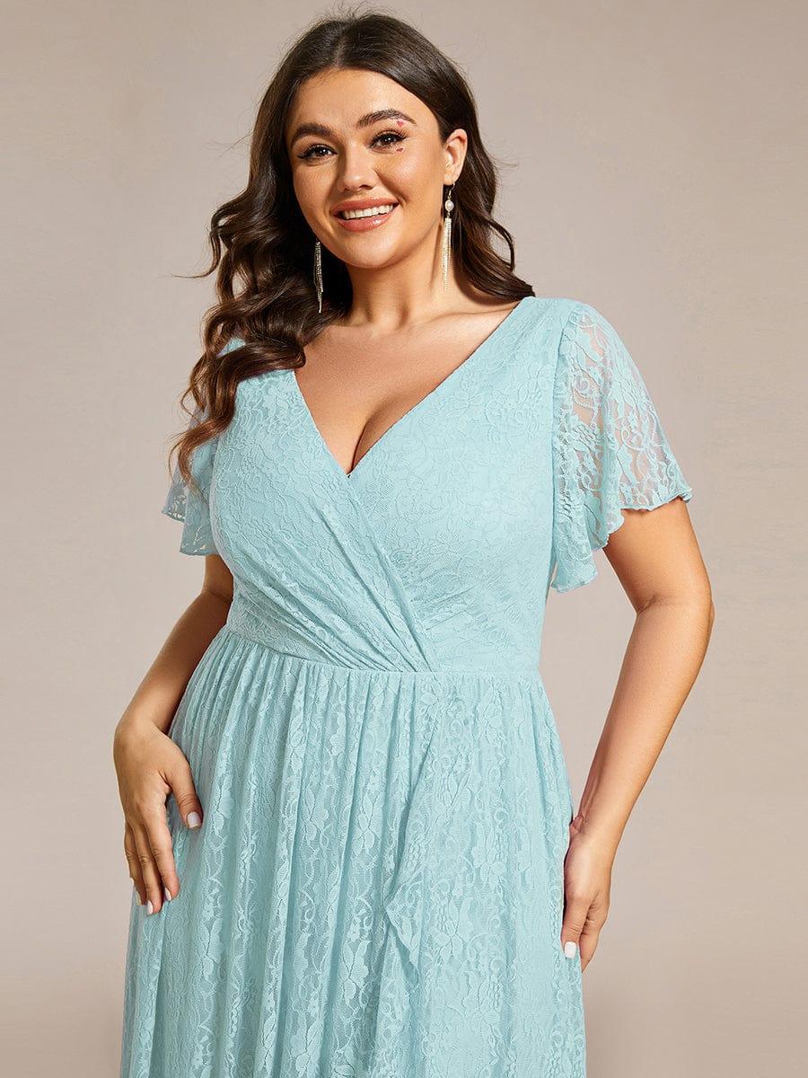 ever ELISE|V-Neck Short Sleeve Pleated Ruffled Lace Evening Dress - Image 104