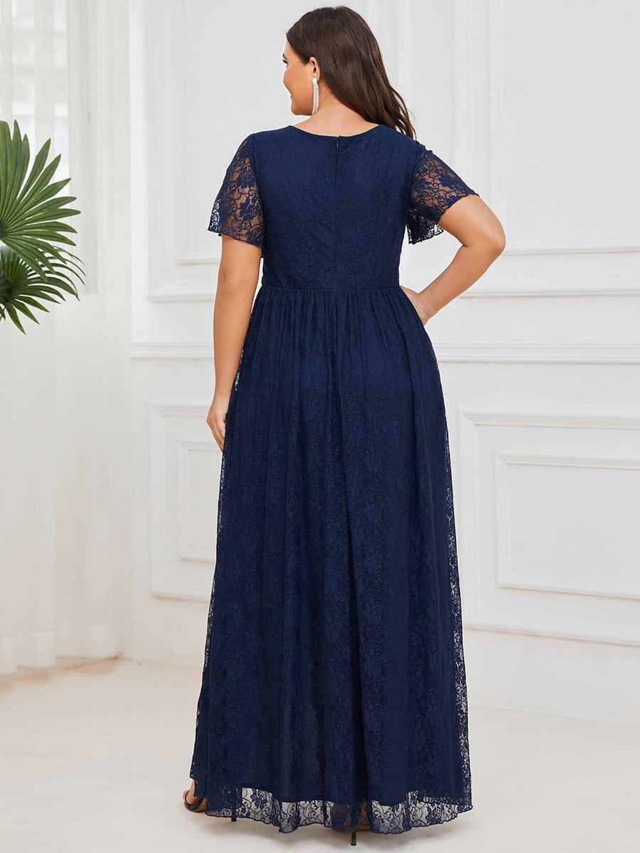 ever ELISE|V-Neck Short Sleeve Pleated Ruffled Lace Evening Dress - Image 13