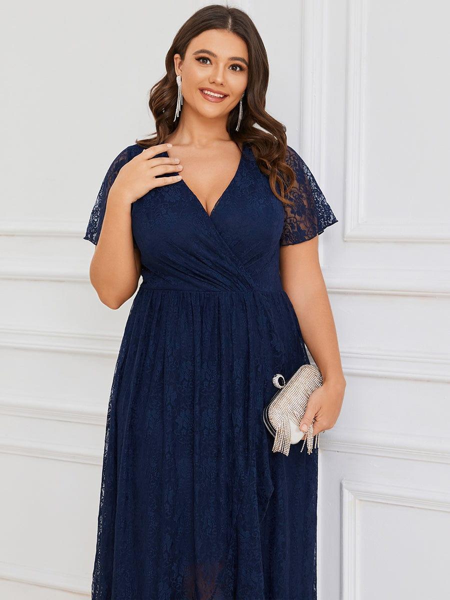 ever ELISE|V-Neck Short Sleeve Pleated Ruffled Lace Evening Dress - Image 14