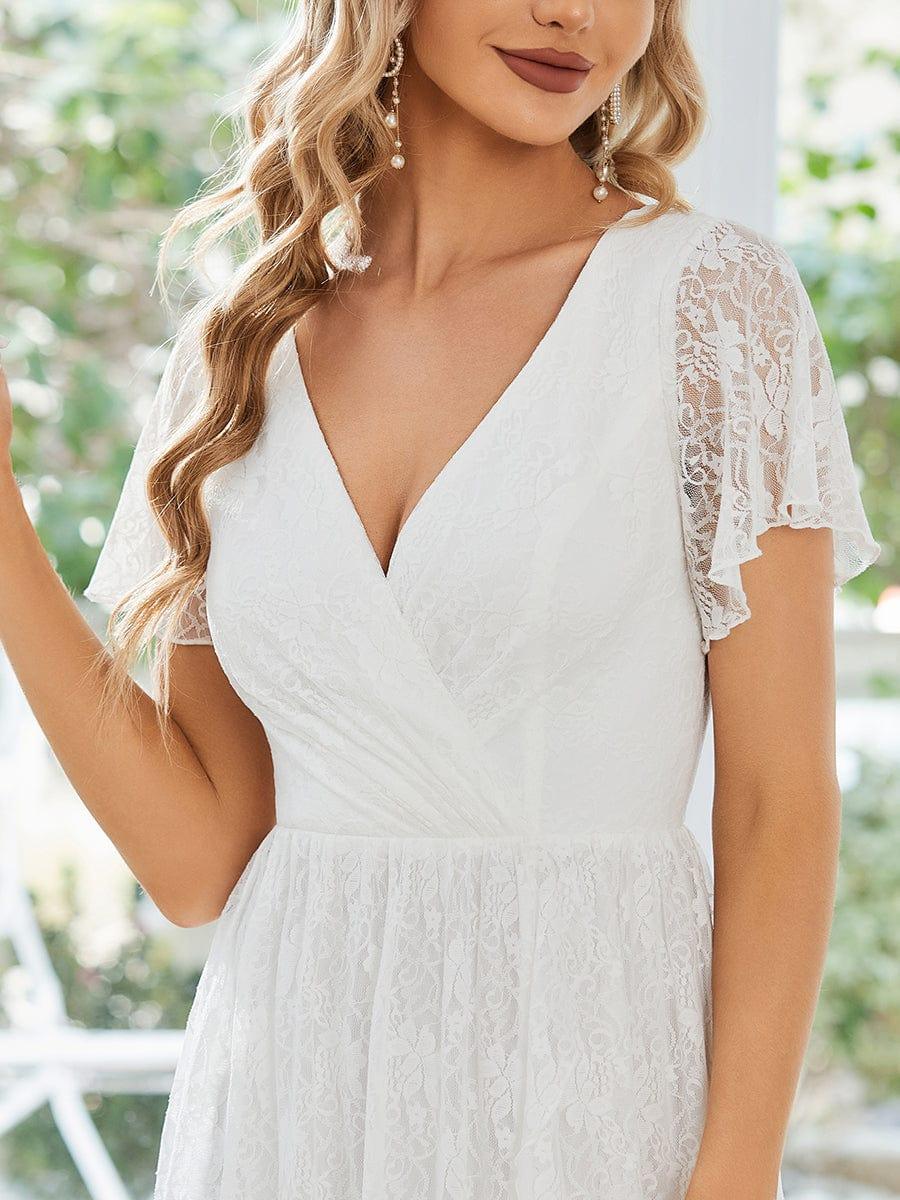 ever ELISE|V-Neck Short Sleeve Pleated Ruffled Lace Evening Dress - Image 15