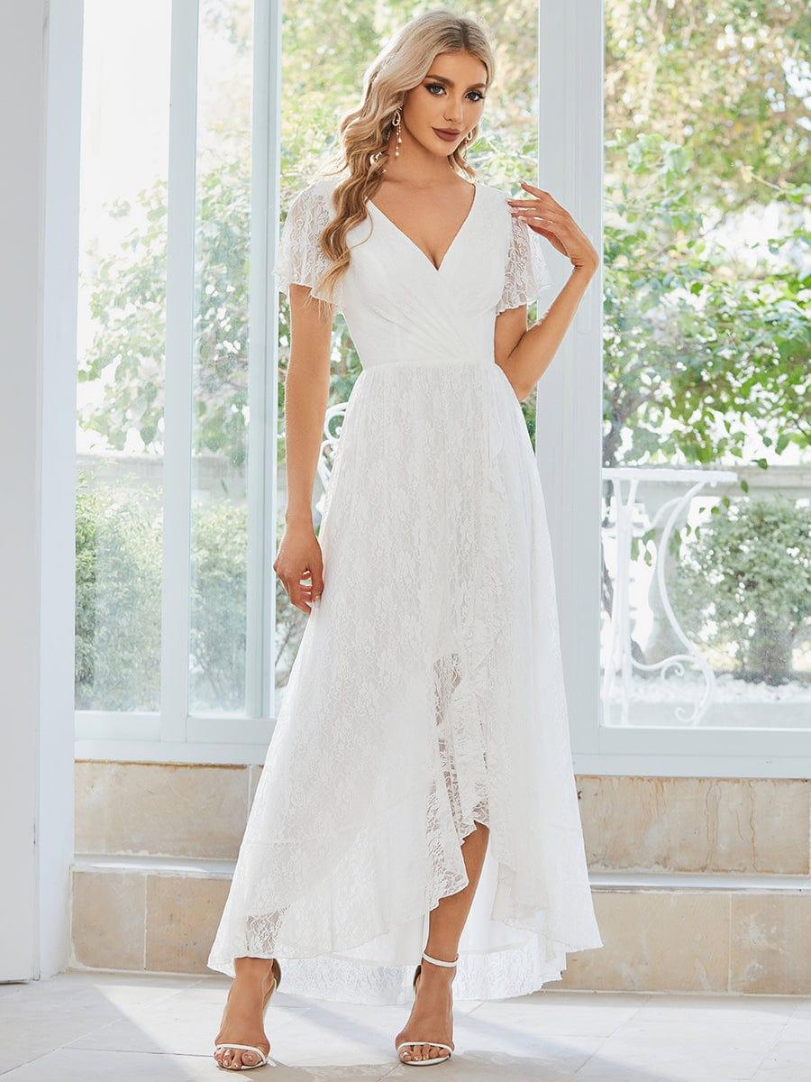 ever ELISE|V-Neck Short Sleeve Pleated Ruffled Lace Evening Dress - Image 16