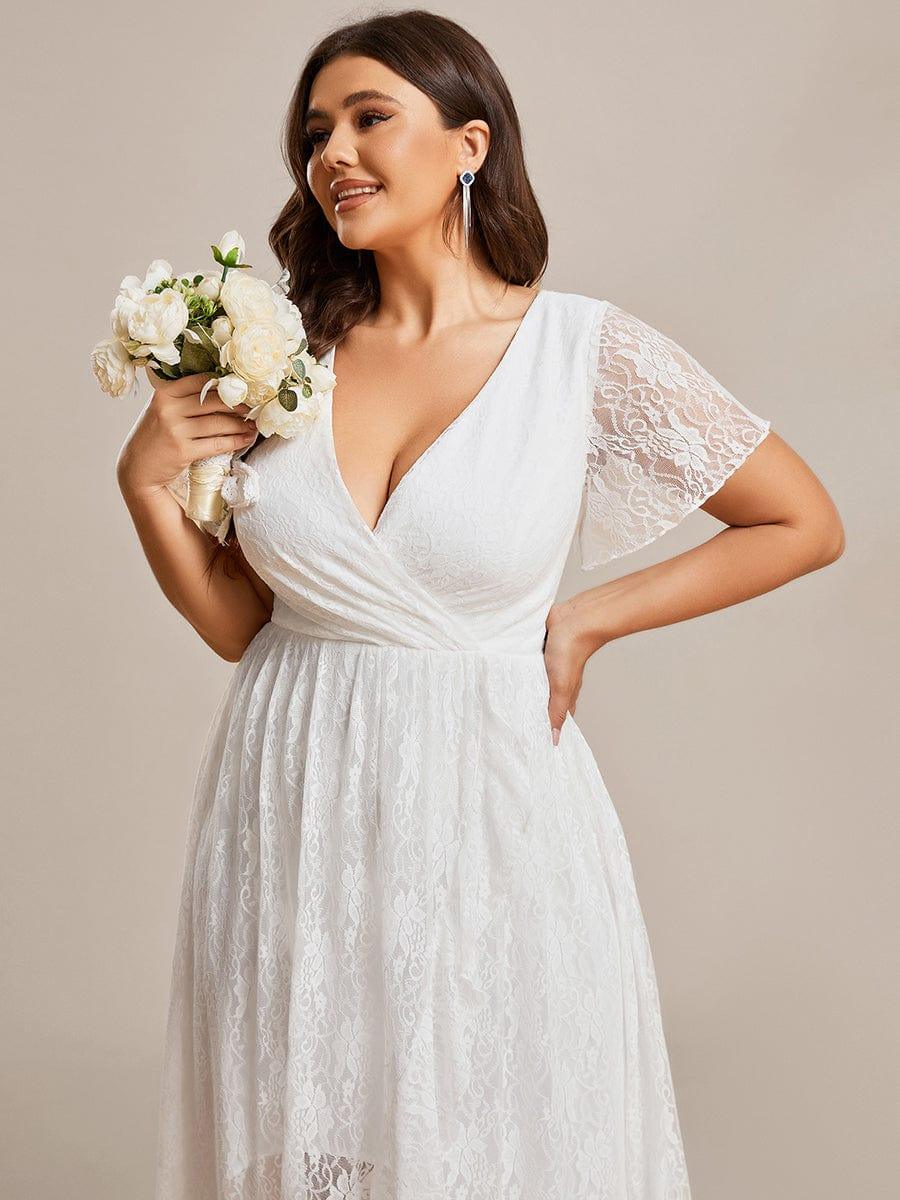 ever ELISE|V-Neck Short Sleeve Pleated Ruffled Lace Evening Dress - Image 20