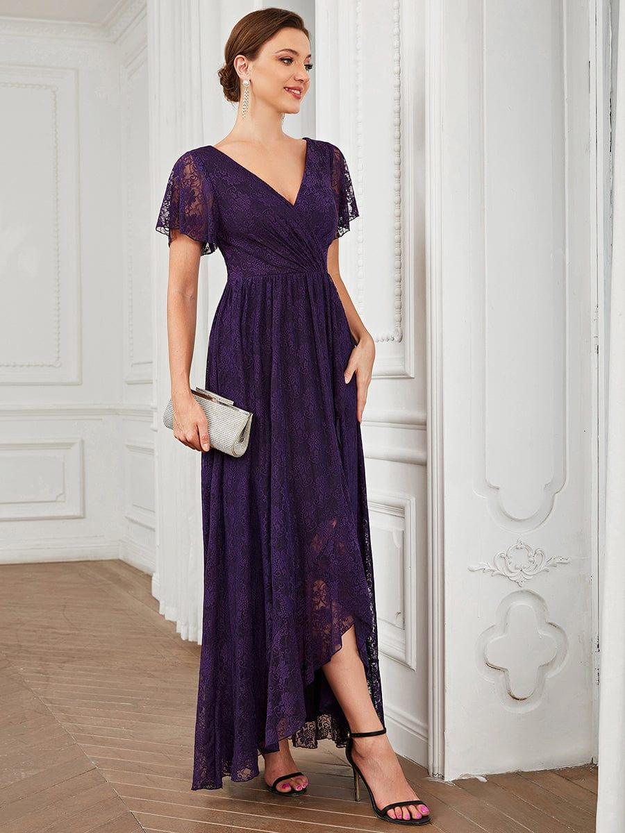 ever ELISE|V-Neck Short Sleeve Pleated Ruffled Lace Evening Dress - Image 25