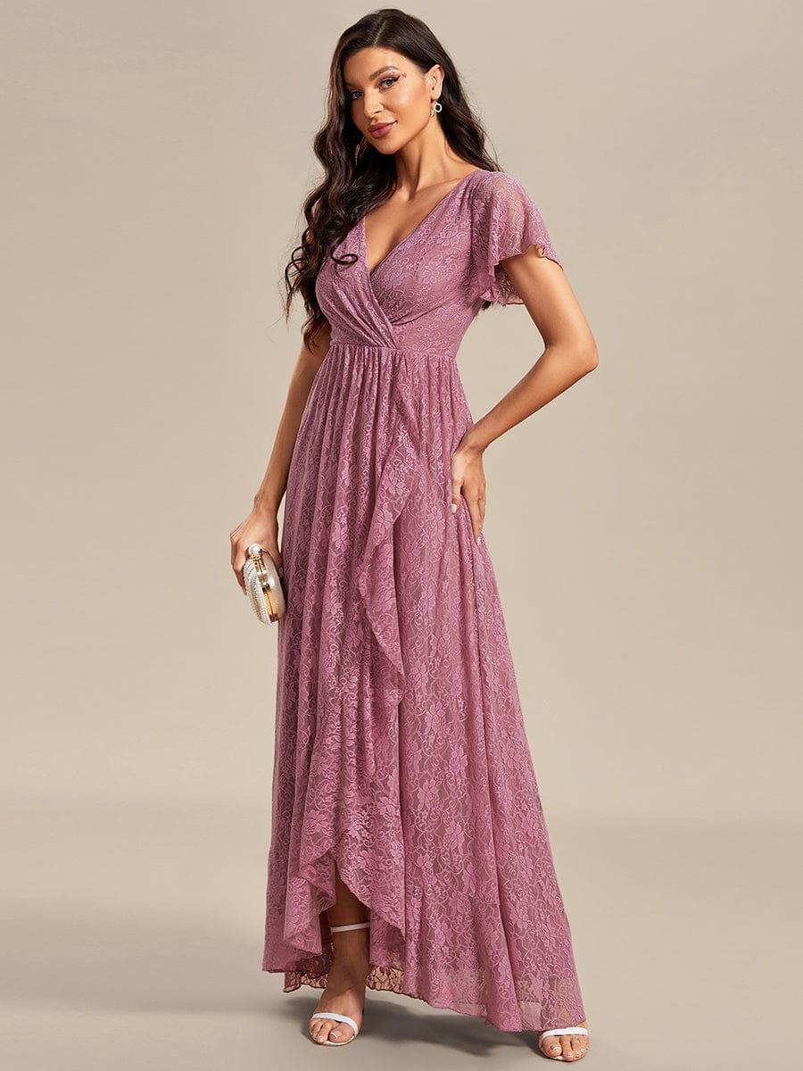 ever ELISE|V-Neck Short Sleeve Pleated Ruffled Lace Evening Dress - Image 38