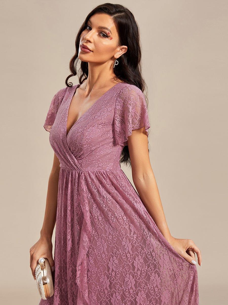 ever ELISE|V-Neck Short Sleeve Pleated Ruffled Lace Evening Dress - Image 40