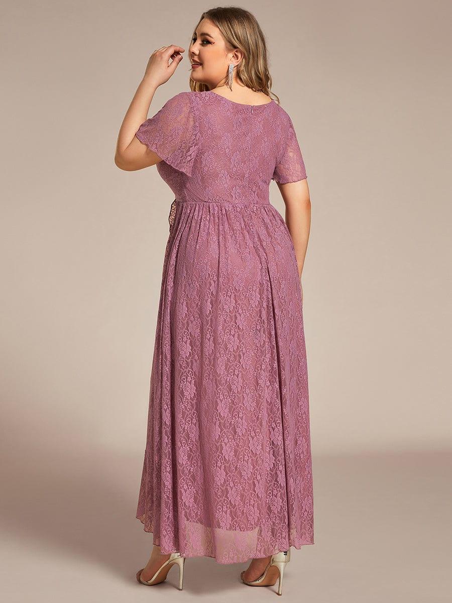 ever ELISE|V-Neck Short Sleeve Pleated Ruffled Lace Evening Dress - Image 43